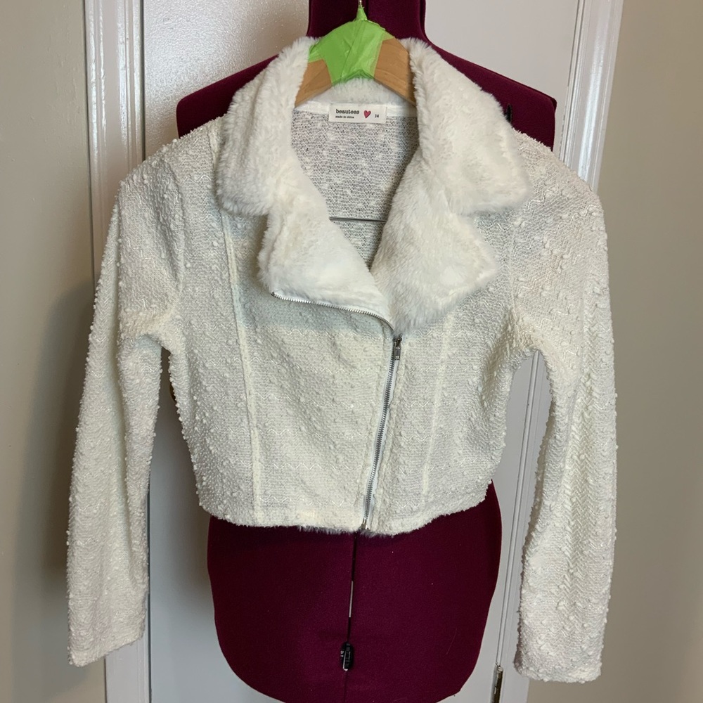 Like New Beautees  Girl 14  Knit Ivory Sprinkle Zip-Up Blazer